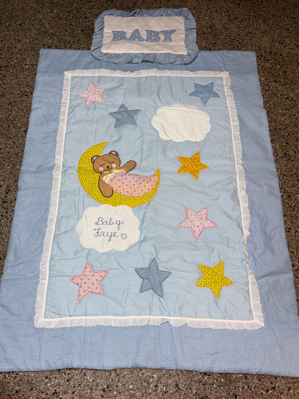 Vintage Riegel baby blanket with a sleeping teddy bear design 3 pieces